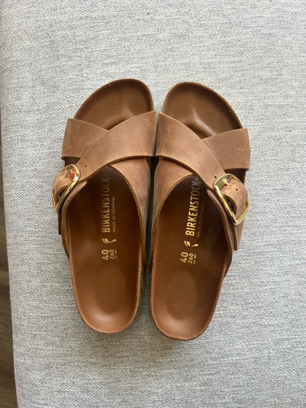 Birkenstock Tan/Brown Suede Cross-Band Sandals with Gold Buckles